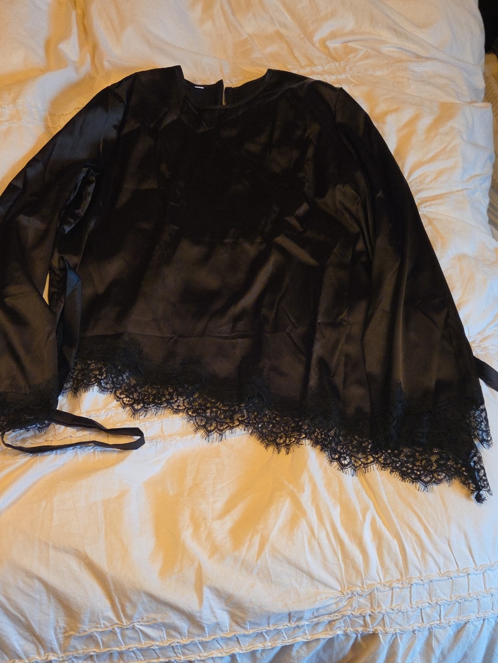 Black Lace Trim Long Sleeve Blouse Lg